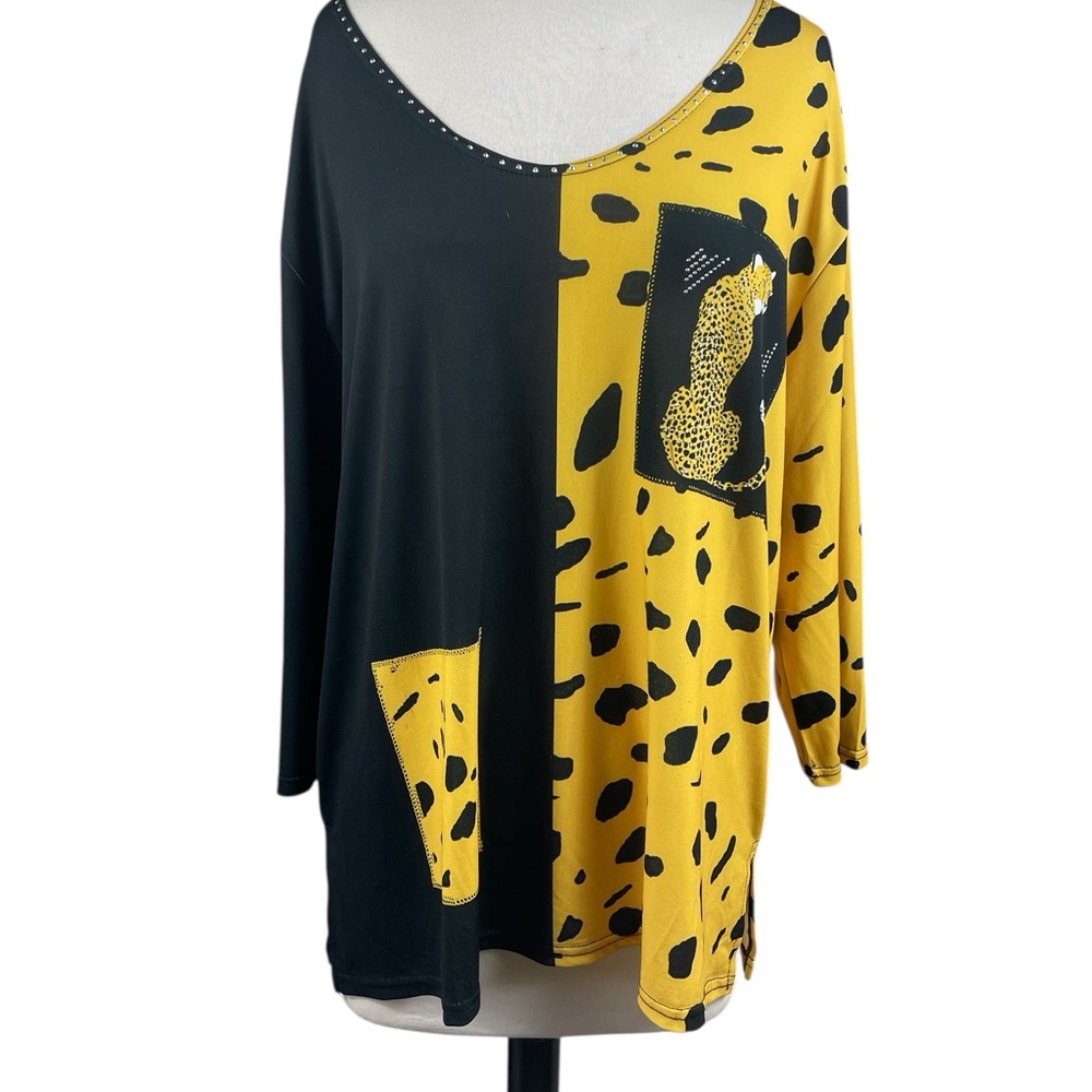 Valentina‎ Two-Tone Leopard Print 3/4 Sleeve Top, Size XL